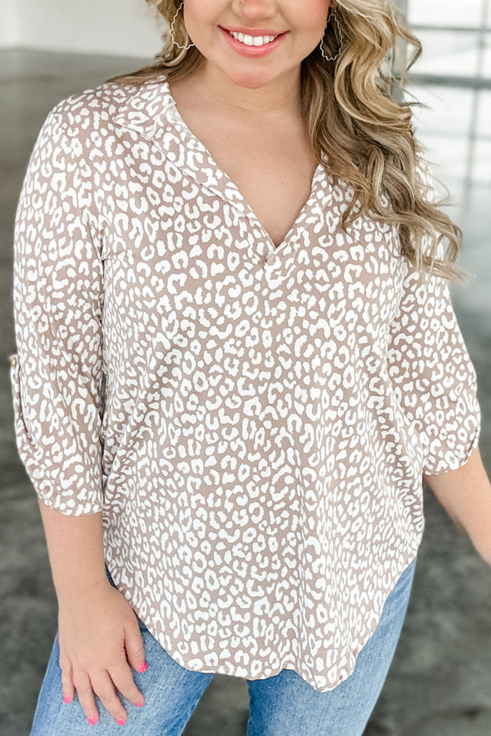 Apricot Allover Leopard Print Round Neck Tank Top