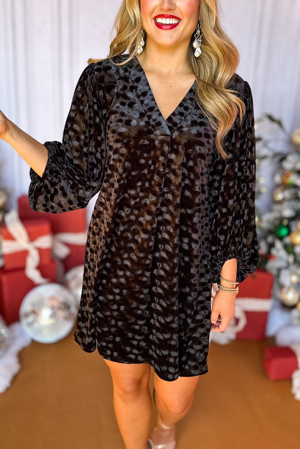 Black V-neck  balloon sleeve maxi dress 93344