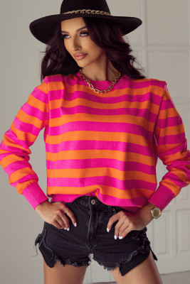 Rose Stripe Shoulder Pad Round Neck Sweater LC2725281-P619
