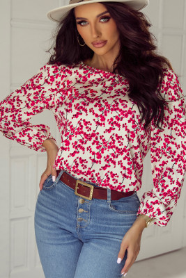 Red Floral Print Long Sleeve Open Back Blouse LC25128270-P320