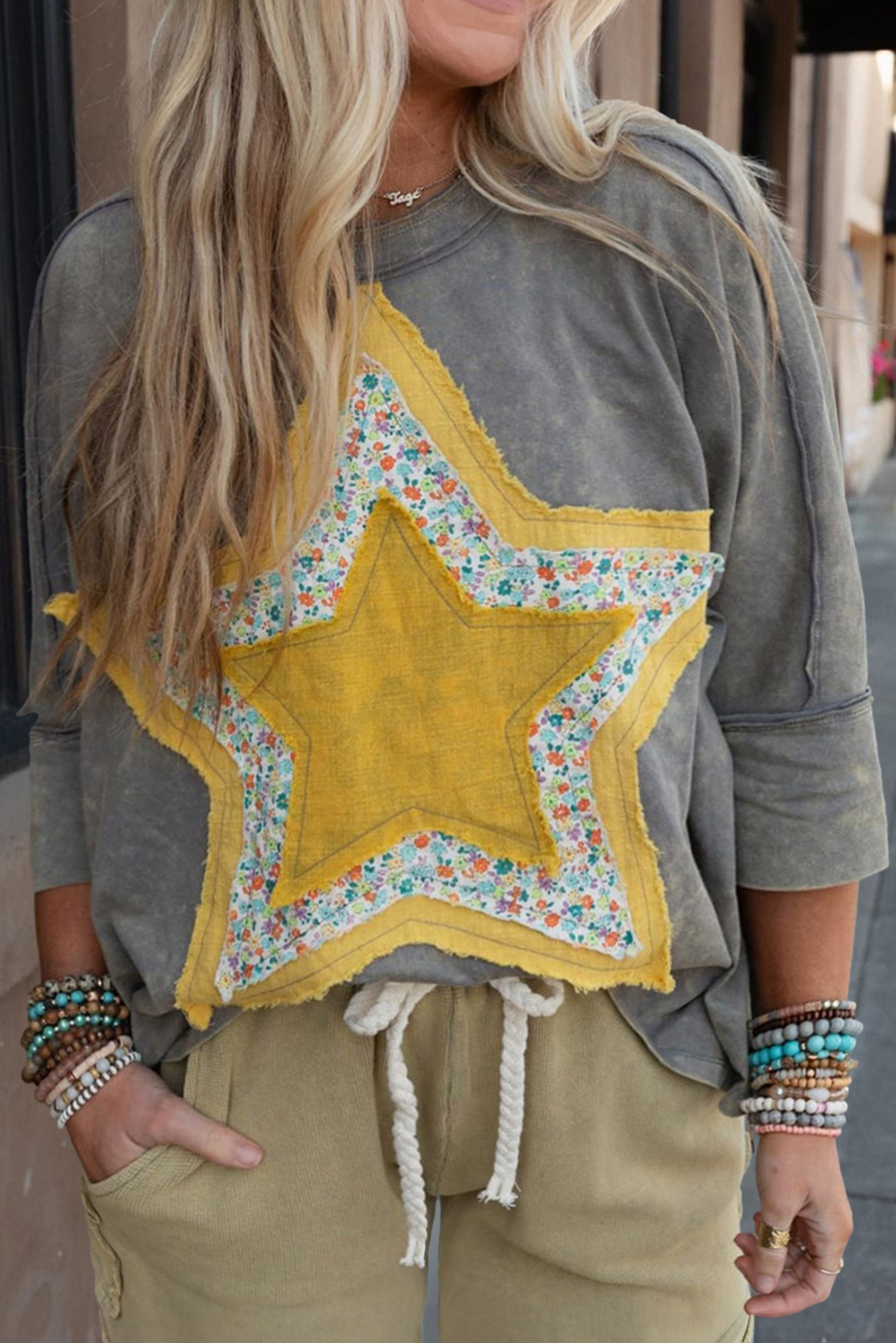 Beige Glittering Touch Down Patched Pattern Star Sleeve Sweatshirt