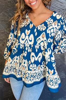 Blue Tribal Geometric Print 3/4 Sleeve Flowy Fit Blouse LC25128787-P520