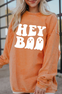 Orange Halloween Hey Boo Ghost Print Loose Sweatshirt LC25318453-2014