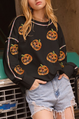Black Sequin Pumpkin Face Graphic Exposed Seam Halloween Sweatshirt LC25318463-P2