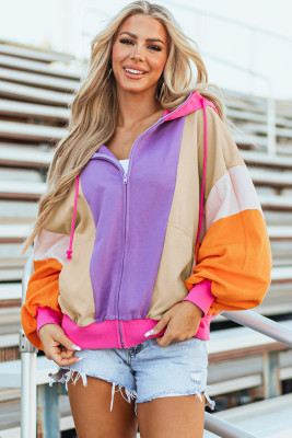 Grapefruit Orange Oversized Colorblock Patchwork Full Zipped Hoodie LC25315243-P3014