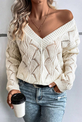 Beige Hollow Out Knit V Neck Drop Shoulder Sweater LC2725100-P15