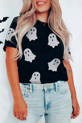 Black Glitter Ghost Pattern Crew Neck Halloween T Shirt LC25226779-2