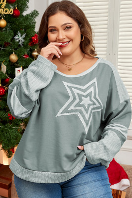Mist Green Stars Patchwork Round Neck Plus Size T Shirt PL2521064-P509
