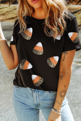 Black Sequin Candy Patched Pattern Halloween T Shirt LC25226783-2