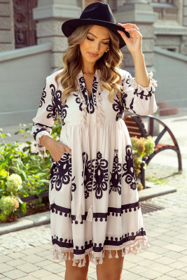 Beige Western Pattern Print Tasseled Notch V Neck Mini Dress LC6121728-P1520