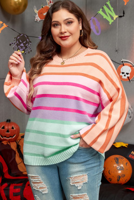 Pink Stripe Color Block Balloon Sleeve Crewneck Plus Size Sweater PL272270-P1019