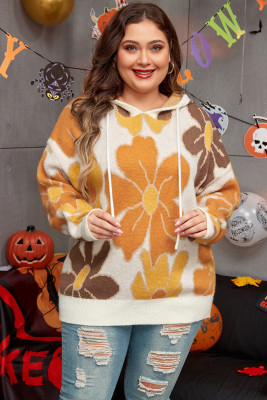 White Large Flower Knitted Drawstring Hooded Plus Size Sweater PL272294-P120