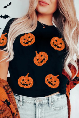 Black Glittering Pumpkin Face Graphic Crewneck Halloween T Shirt LC25226900-2