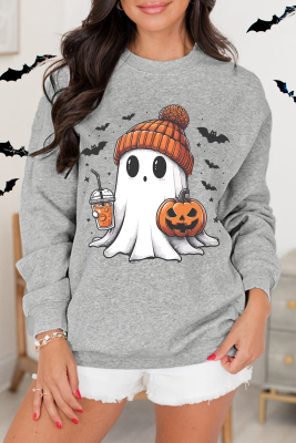 Gray Halloween Ghost Print Crewneck Drop Shoulder Sweatshirt LC25318691-P11