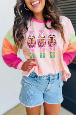 Pink Christmas Sequin Nutcracker Graphic Colorblock Long Sleeve Top LC25226896-P1022