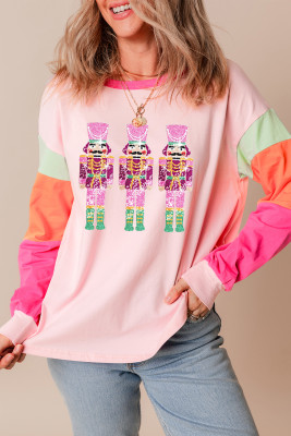 Pink Christmas Sequin Nutcracker Graphic Colorblock Long Sleeve Top LC25226896-P1022