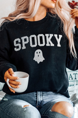 Black Glitter SPOOKY Ghost Pattern Crew Neck Halloween Sweatshirt LC25318689-P2