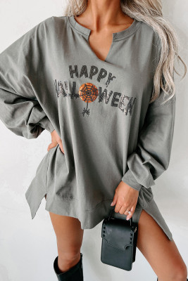 Medium Grey Sequin Happy Halloween Graphic Notched Neck Long Sleeve Loose Top LC25128756-P3011