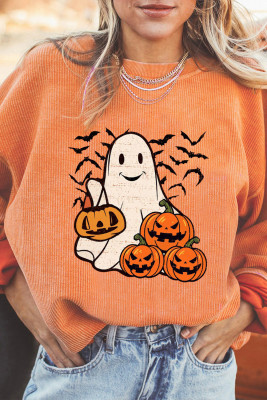 Orange Halloween Ghost Pumpkin Bat Print Corded Pullover Sweatshirt LC25318705-2014