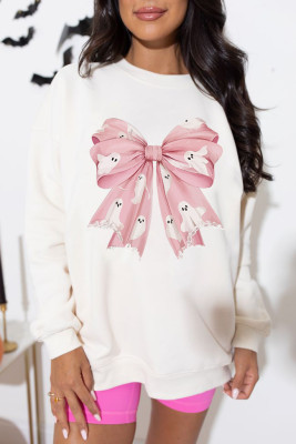 Beige Ghost Bowknot Graphic Crew Neck Drop Shoulder Sweatshirt LC25318700-15