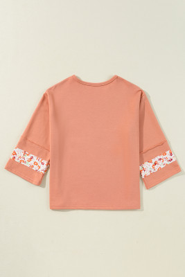 Grapefruit Orange Flower Patch Graphic Exposed Seam Wide Sleeve Top LC25129068-P3014