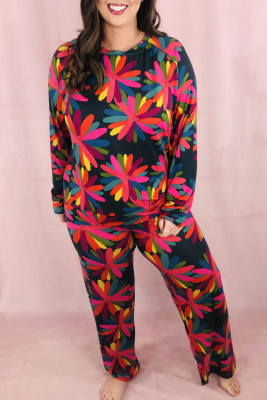 Black Plus Size Printed Long Sleeve and Pants Lounge Set PL62149-P220