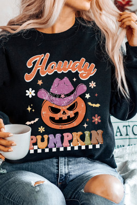 Black Halloween Howdy PUMPKIN Print Crew Neck Pullover Sweatshirt LC25318725-P2
