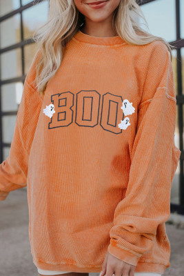 Orange Embroidered BOO Ghost Corded Halloween Sweatshirt LC25318741-2014