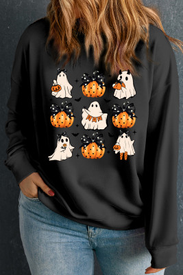 Black Halloween Polka Dot Pumpkin Ghost Print Plus Sweatshirt PL253827-P2