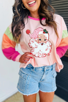 Pink Christmas Santa Claus Graphic Colorblock Patchwork Top LC25226918-P1022
