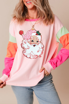 Pink Christmas Santa Claus Graphic Colorblock Patchwork Top LC25226918-P1022