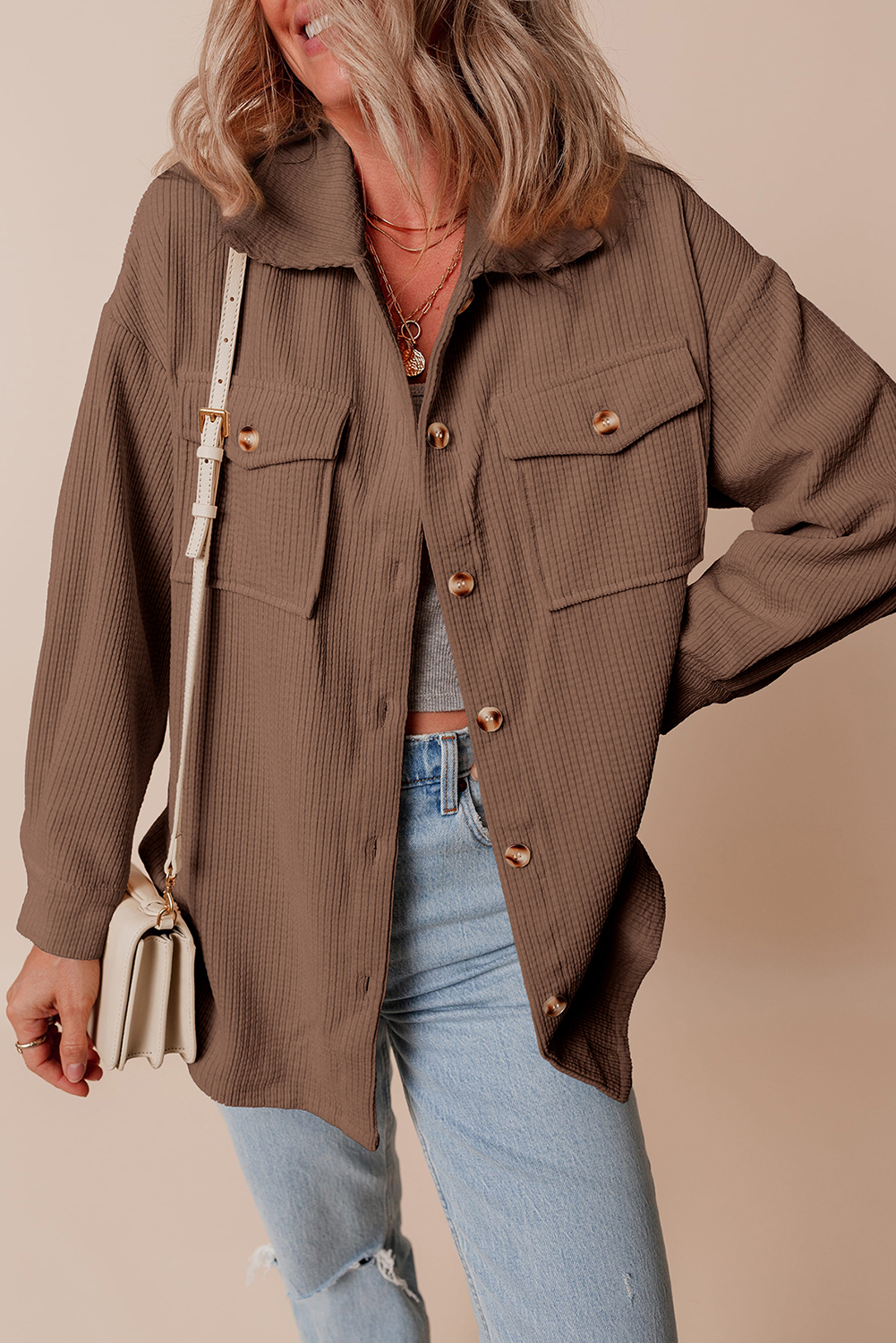US$ 14.26 Drop-shipping Chestnut Corduroy Flap Pocket Button Up Shacket ...