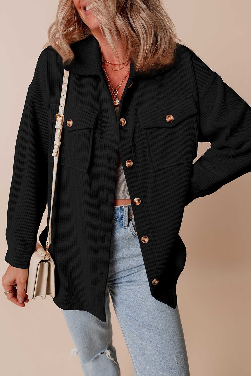 US$ 14.26 Drop-shipping Black Corduroy Flap Pocket Button Up Shacket ...