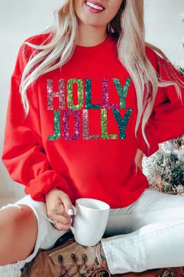 Red Heat Transfer HOLLY JOLLY Printing Christmas Pullover Sweatshirt LC25318815-3