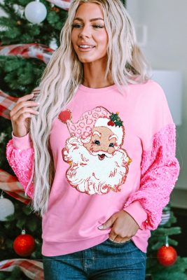 Pink Shiny Father Christmas Graphic Sequin Long Sleeve Top LC25130202-P10
