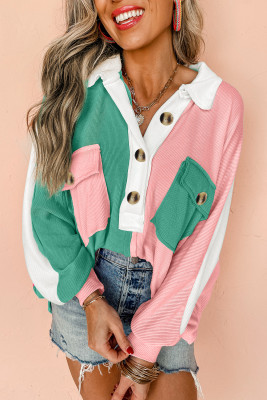 Pink Colorblock Ribbed Collared Oversized Sweatshirt LC25317366-P10