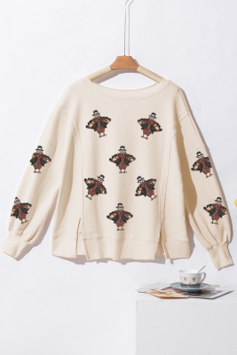 White Thanksgiving Turkey Waffle Oversized Knit Top LC25130282-P1