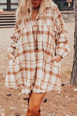 Brown Plaid Print Side Pockets Frilled Babydoll Mini Dress LC6122498-17