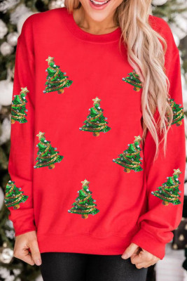 Red Sequin Christmas Tree Graphic Drop Shoulder Sweatshirt LC25318900-3