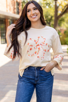 Beige Flower Patch Graphic Exposed Seam Wide Sleeve Top LC25129068-P15