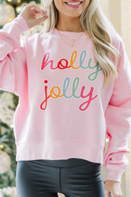 Pink holly jolly Printed Round Neck Christmas Sweatshirt LC25319152-10