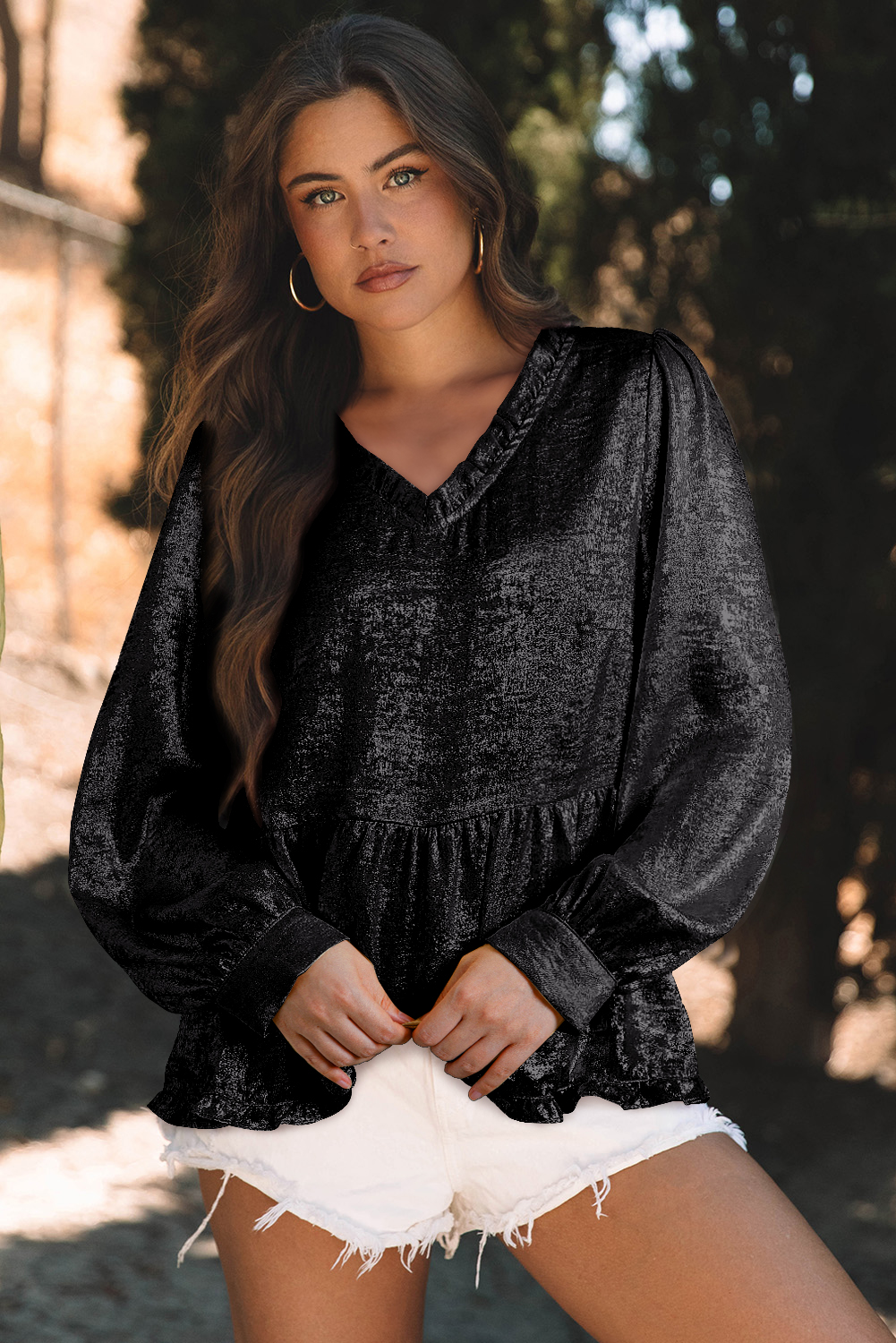 Umgee Full Size V-Neck Puffed 3/4 Sleeve Babydoll Blouse Plus Size main image 1