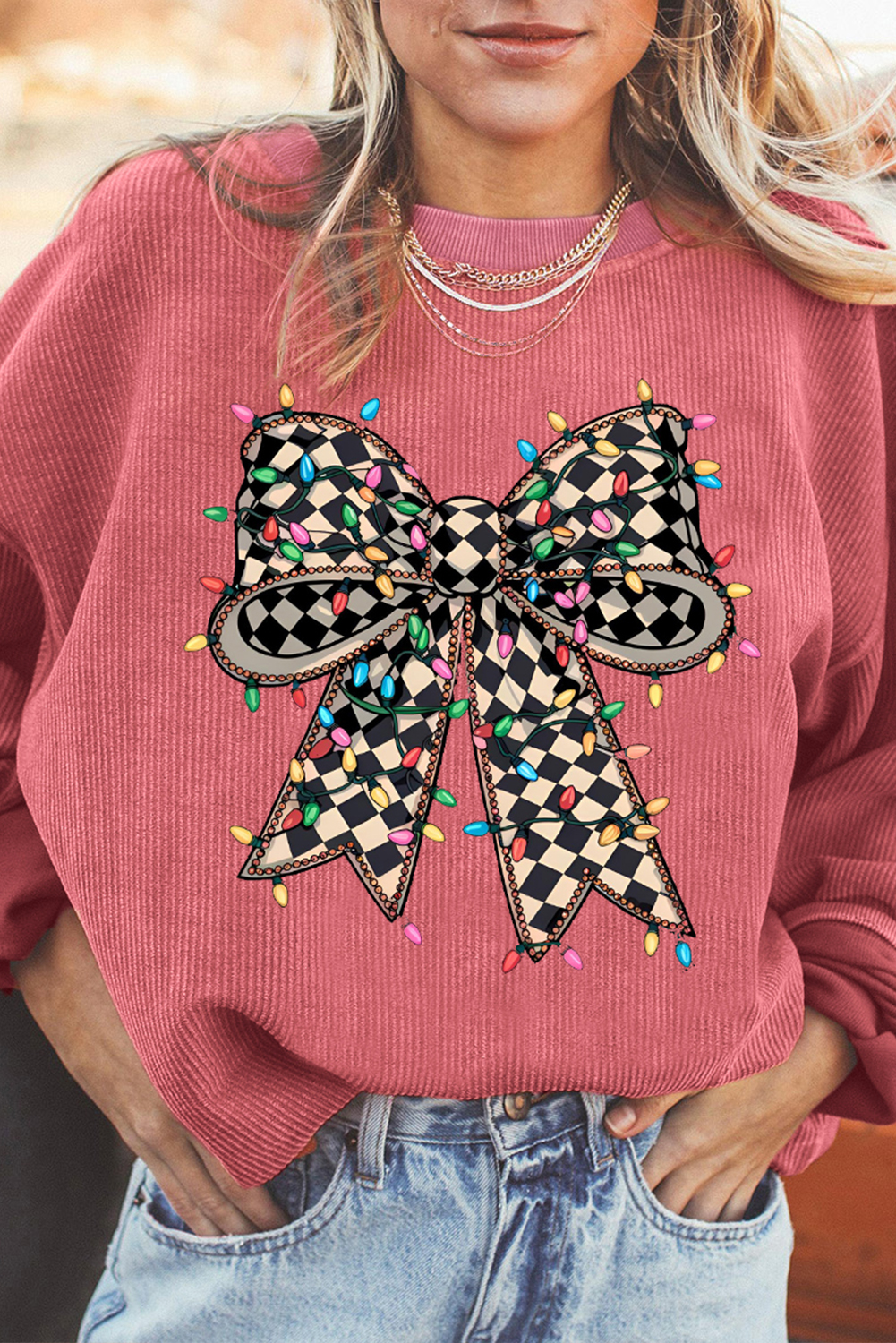 Pink Bow Print Ribbed Trim Exposed Seam Drop Shoulder Loose Sweater