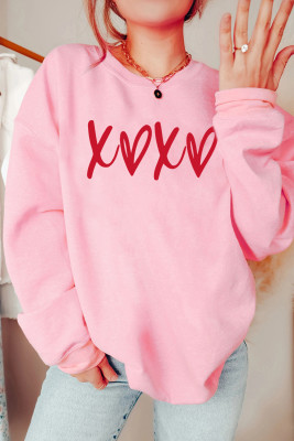 Pink Heart XOXO Graphic Crewneck Drop Shoulder Valentines Sweatshirt LC25319155-10