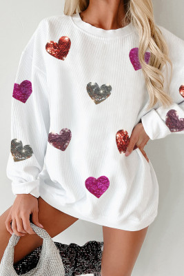 White Valentines Heart Patched Pattern Corded Pullover Sweatshirt LC25319276-P1
