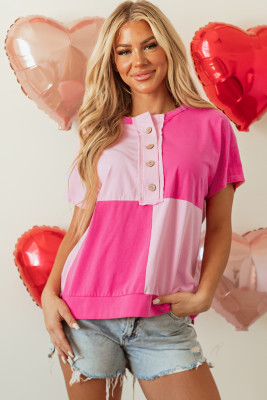 Pink Two Tone Half Buttons Collared T Shirt LC25226756-P10