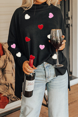 Black Valentines Chenille Heart Patched Dolman Sleeve High Neck Split Top LC25131025-P2