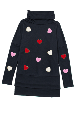 Black Valentines Chenille Heart Patched Dolman Sleeve High Neck Split Top LC25131025-P2