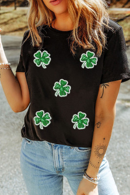 Black Four Leaf Clover Graphic St. Patricks Crewneck Tee LC25228037-2