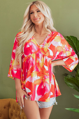 Orange Abstract Print 3/4 Sleeve V Neck Ruffled Babydoll Blouse LC25128327-P1420